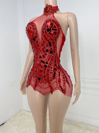 Dazzling Red Sequin and Bead Embellished Mini Dress with Sheer Panels and High Neck