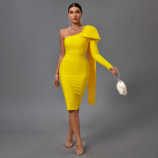 Sexy One-Shoulder Bowknot Bandage Dress - Solid Color Bodycon Cocktail Dress for Women