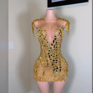 Luxurious Gold Mosaic Crystal Embellished Mini Dress with Dramatic Shoulders