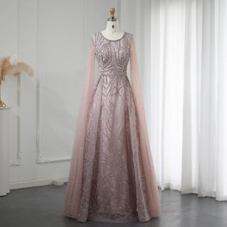 Luxury Dubai Sage Green Arabic Evening Dress with Cape Sleeves: Ideal for Pink Plus Size Women as Wedding Guest Party Gown