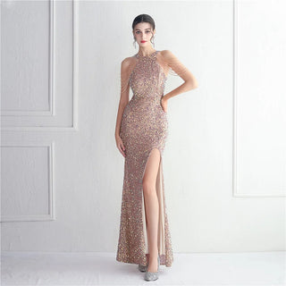 Vintage Halter Floor-Length Sequin Trumpet Prom Dress