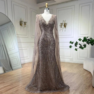 2024 Caramel Mermaid Cape Sleeves Beaded Sequined Luxury Dubai Evening Dresses Gowns for Women Wedding Party