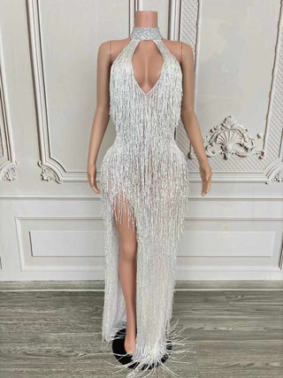 Glamorous Halter-Neck Fringe Gown with Sparkling Details