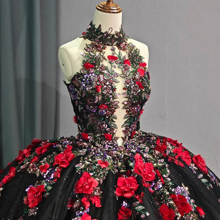 Generous Black Appliquéd Flower Ball Gown Quinceañera Party Dress