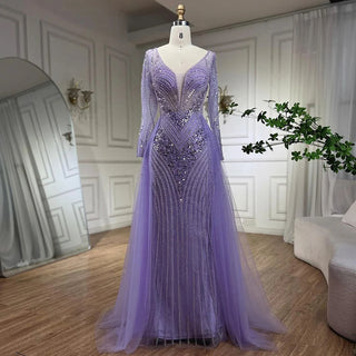 Arabia Lilac Elegant Mermaid Evening Dress with Overskirt - Luxury Beaded Gown for Women's Wedding Party 2024