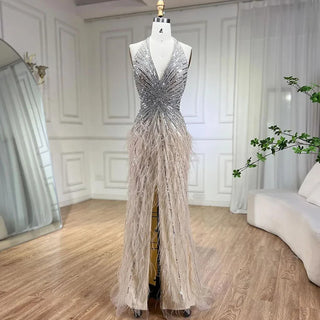 Luxury Beaded Feather Beige High Split Mermaid Evening Gown - Backless - Women's Party 2024