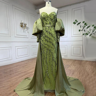 Ships in 1 to 3 Days - Arabic Olive Satin Mermaid Strapless Puff Sleeves Beaded Evening Dress - Gown for Women's Wedding Party 2024