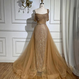 Gold Beaded Mermaid Evening Dress with Overskirt for Elegant Weddings and Parties