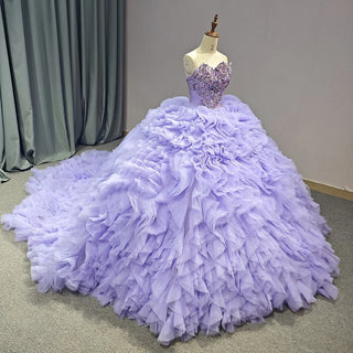 Elegant Purple Ruched Sequins Beaded Puffy Quinceañera Gown