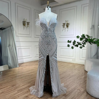 Luxury Dubai White Nude Strapless Mermaid Evening Dress - Pearls Beaded Gown for Women's Wedding Party