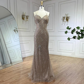 Dubai Caramel Luxury Beaded Spaghetti Strap Mermaid Evening Dress - Gown for Women's Wedding Party 2024