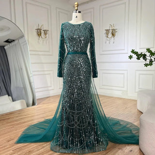 2024 Muslim Women Wedding Party Dubai Gowns Green Overskirt Luxury Beaded Mermaid Long Evening Dresses