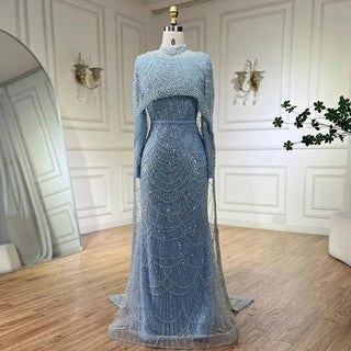 Luxurious Dubai Arabian Nude Mermaid Evening Dress with Long Cape - Elegant Gown for Women's Wedding Party 2024