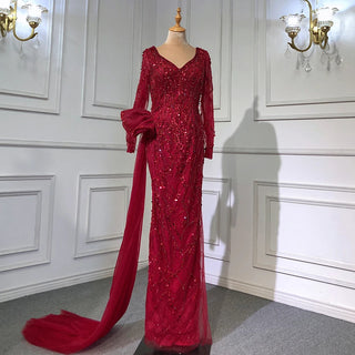 Ships in 1 to 3 Days - Wine Red Elegant Mermaid Evening Gown 2024 - Luxury Beaded Overskirt for Women's Party