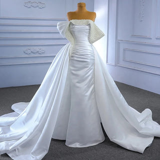 Glossy Satin Off-Shoulder Ruffle Pearls Mermaid Wedding Dress with Train