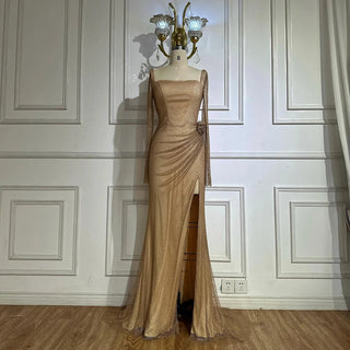 2025 Nude Elegant High-Split Beaded Mermaid Saudi Arabic Evening Gown for Formal Occasions