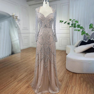 Arabic Silver Nude Long Sleeves Beaded Dubai Mermaid Evening Gown 2024: Elegant Party Dress for Women