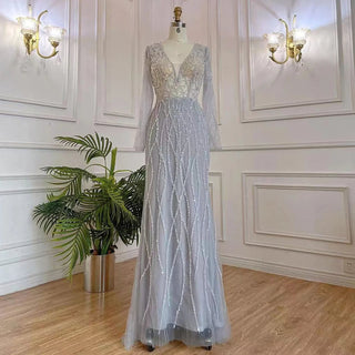 Muslim Grey Mermaid Evening Dress - Beaded Luxury Dubai Gown for Women's Elegant Party 2024