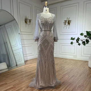 Arabic Silver Nude Elegant Mermaid Beaded Luxury Dubai Evening Dresses Gowns For Women Wedding Party 2024