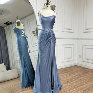 Saudi Arabic Blue Spaghetti Strap Mermaid Long Evening Gown with Split for Occasion