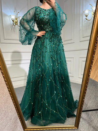 Muslim Green A-Line Luxury Evening Dress 2024: O-Neck, Puff Sleeves, Beaded, for Woman Party