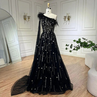 Ships in 1 to 3 Days - Lilac A-Line One Shoulder Cape Sleeves Feathers Beaded Luxury Evening Dresses: Gowns for Women's Wedding Part