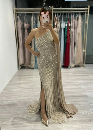 Elegant One-Shoulder Cape Sleeve Champagne Evening Dress - Gorgeous Beaded Mermaid High Split Gown for Women’s Parties