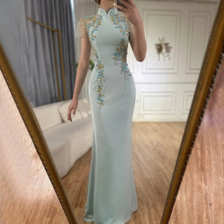 Mint Mermaid Beaded Satin Evening Dress with Corset for Formal Occasions