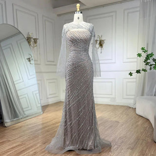 Ships in 1 to 3 Days - 2024 Silver Nude Elegant Cloak Beaded Luxury Mermaid Evening Gown for Women's Wedding Party