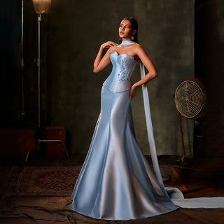 Blue Strapless Satin Mermaid Evening Gown with Long Scarf – 2025 Custom Saudi Design