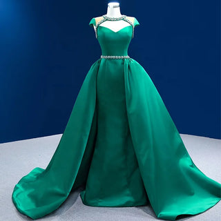 Green Satin Mermaid Prom Evening Dresses With Detachable Train.