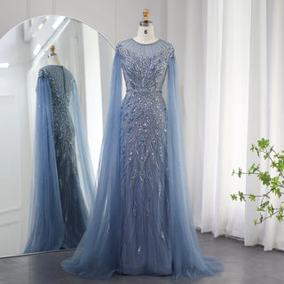 Opulent Dubai Blue Mermaid Evening Dress with Cape Sleeves: Ideal for Arabic Women's Wedding Party Gowns in Sage Green and Gold