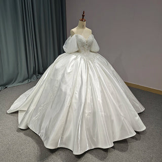 Beautiful Ivory Off-Shoulder Satin Ball Gown with Pearl Detailing for Weddings