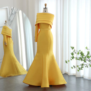 Arabic Yellow One Shoulder Mermaid Evening Dress with Cape Baby Blue Beaded Dubai Luxury Wedding Party Dress