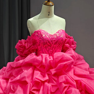 Shiny Fuchsia Off-Shoulder Puffy Evening Party Gown