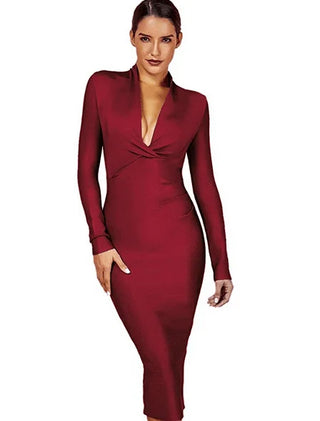 High-Quality V-Neck Draped Long Sleeve Bandage Dress - Elegant Knee-Length Dress for Women