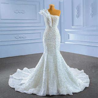 Luxury Pearls Sequins One Shoulder Mermaid Wedding Gown