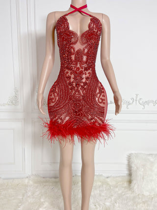 Ships in 1 to 3 Days - Exquisite Scarlet Beaded Illusion Mini Dress