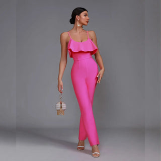 Pink One-Piece Chic Ruffle Strap Wide-Leg Jumpsuit for Women 2024