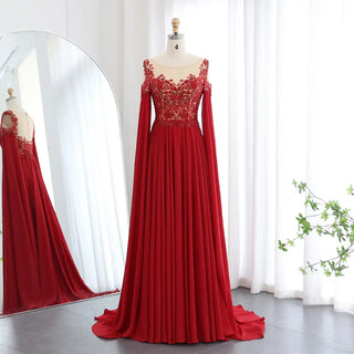 Beaded Wine Red Chiffon Evening Dress with Cape Sleeve for Women Wedding Dubai Formal Party Gowns