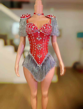 Glamorous Red Crystal-Fringe Showgirl Bodysuit