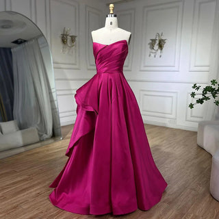 2024 Arabic Fuchsia A-Line Elegant Satin Strapless Evening Dresses: Gowns For Women Wedding Party