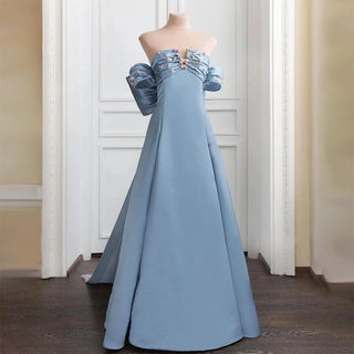 Strapless Blue Beaded A-Line Saudi Evening Gown for Formal Occasions