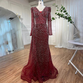 Muslim Designer Luxury Wine Red Mermaid Evening Dress with Elegant Beaded Detail - Women's Wedding Party Gown 2024