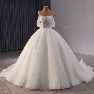 Luxury Boat Neck Ball Gown Wedding Dress with Pearls and Beading