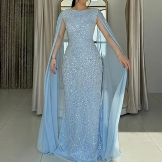 Ships in 1 to 3 Days - 2024 Saudi Arabia Blue Mermaid Evening Gown with Cape Sleeves and Luxury Beading for Formal Occasions