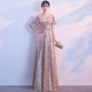 Elegant V-Neck Gold Sequin Prom Dress for Floor-Length A-Line Long Singing Dress