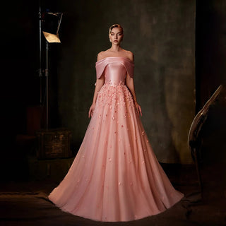 Peach Off-the-Shoulder Satin A-Line Evening Gown with Appliques – 2025 Custom Arabia Design