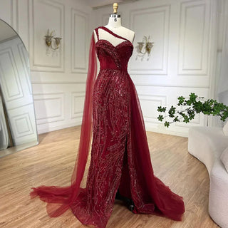 2024 Green One Shoulder Mermaid Evening Dress with Cape Overskirt: Perfect for Women's Wedding Party and Long Prom Formal Events