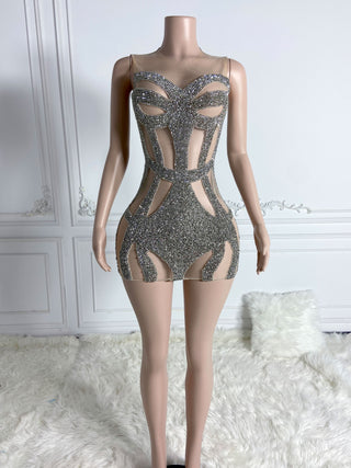 Ships in 1 to 3 Days - Glittering Cut-Out Bodice Mini Dress with Rhinestone Embellishments